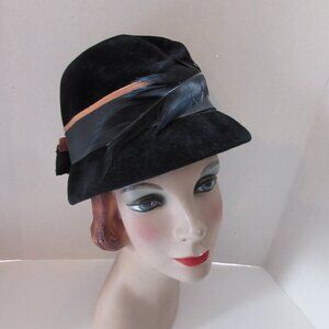 Vintage Bucket Style Hat Black Velour 1960 Era